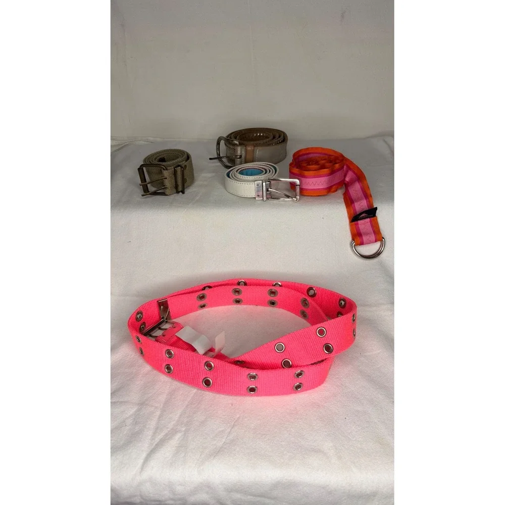 Lot of 5 Womens Belts Neon Pink Grommet Martinis & More Striped Metallic Silver